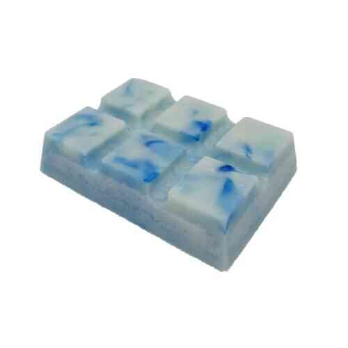 A rectangular blue and white soap bar with a blocky structure and six large segments. The soap features a marbled pattern, blending various shades of blue and white. The surface has a smooth and glossy finish.