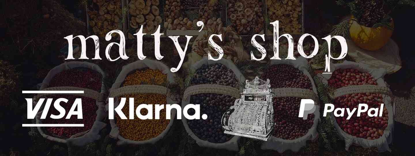Image of 'matty's shop' sign above baskets of various colored dried fruits and an assortment of delightful wax melts. Payment options shown include Visa, Klarna, and PayPal.