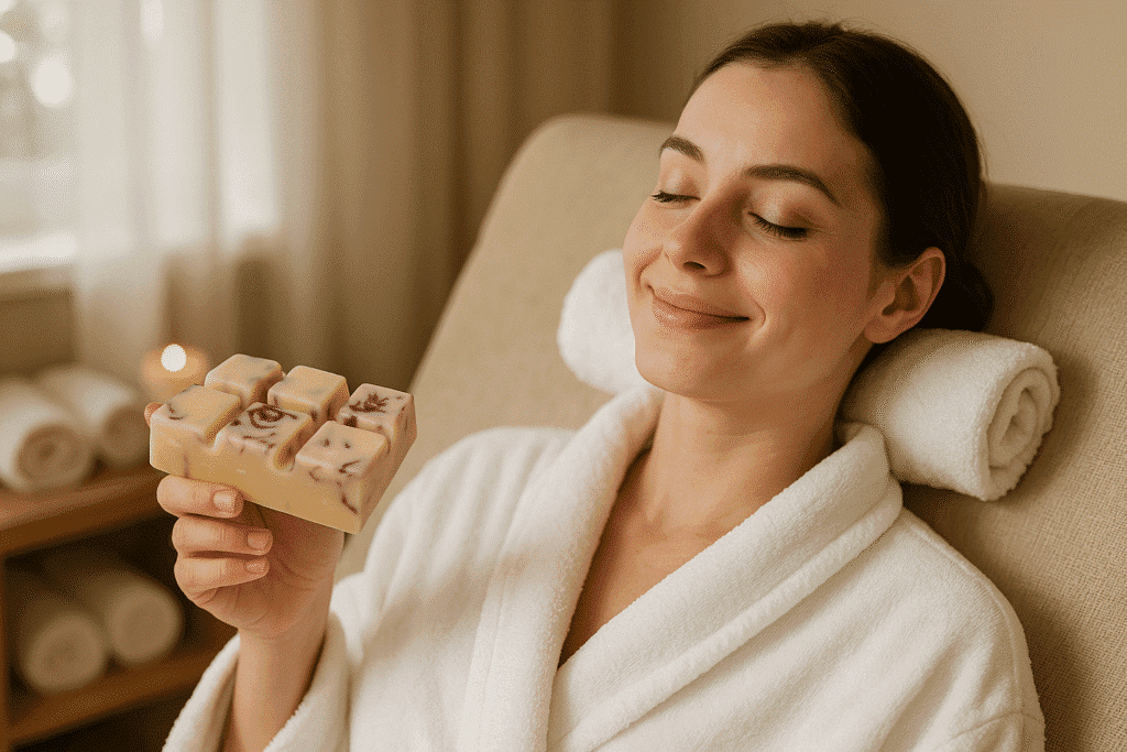 A woman in a white bathrobe relaxes on a lounge chair with a rolled towel behind her neck, smiling and holding a decorative bar of soap in a softly lit spa setting, where gentle scents from reusing wax melts fill the air.