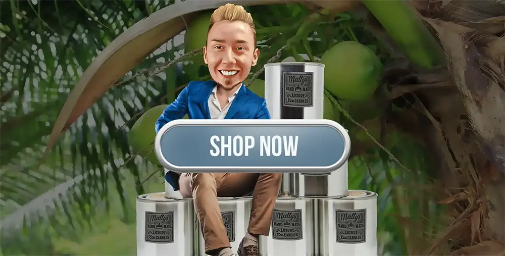 A cartoon man with a big smile sits on stacked cans labeled "Calamansi"—candles and wax melts—in front of green tropical foliage. A large button in front of him says "SHOP NOW.