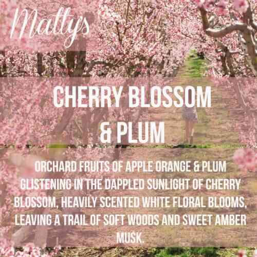 A person walks down a path flanked by rows of blooming cherry blossom trees under a sunny sky. Overlaid text reads: "Cherry Blossom and Plum Candle. Orchard fruits of apple, orange & plum glistening in the dappled sunlight, with heavily scented white floral blooms leaving a trail of soft woods and sweet amber musk.