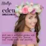A woman wearing a flower crown smiles against a lavender background. Text reads: "Matty's Eden Snap Bar. Drift into a perfumed garden with bergamot, peony, lily, jasmine, rose, woody musks and patchouli." Indulge in our Snap Bar collection for easy use and lasting fragrance.